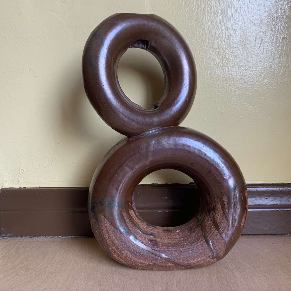 Abstract vase decor signed Mel Ray ceramics dual circles brown glazed donut